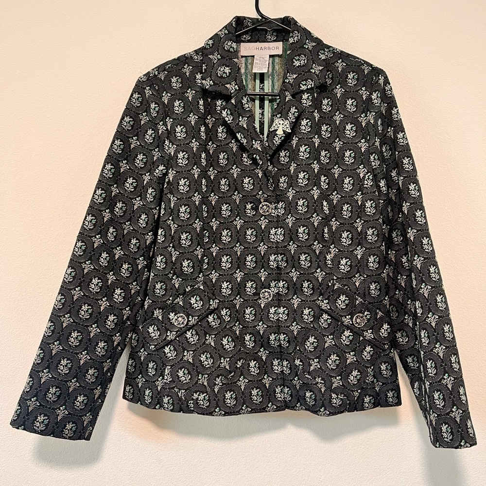 Sag Harbor Dark Navy Blue Floral Jaquard Retro Style Blazer Size 14